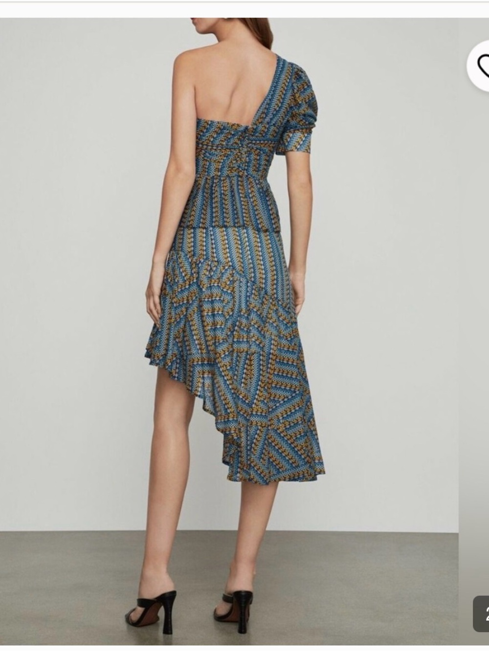 BCBGMAXAZRIA Size M One-Shoulder Peplum Top Blue Geometric Statement Sleeve - Picture 2 of 6